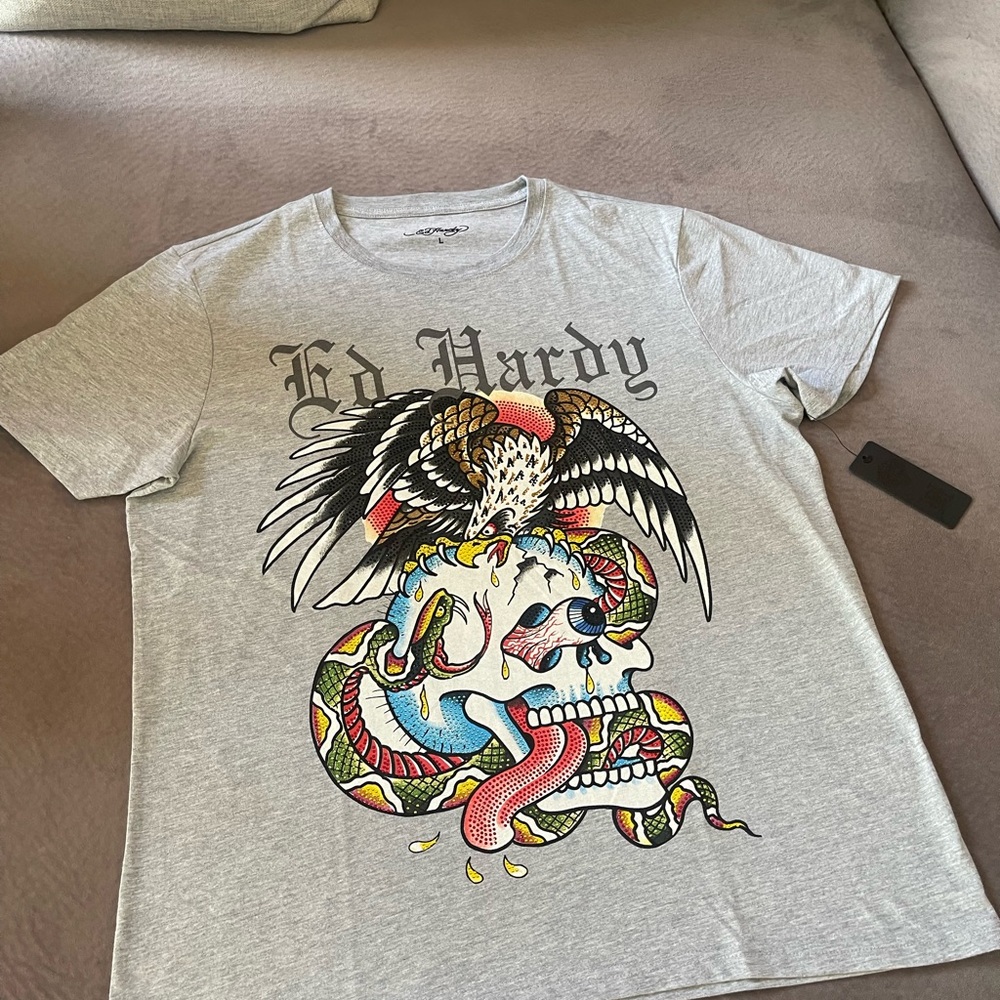 Ed Hardy Light Gray Tee with Colorful Skull, Snake & Eagle Graphic